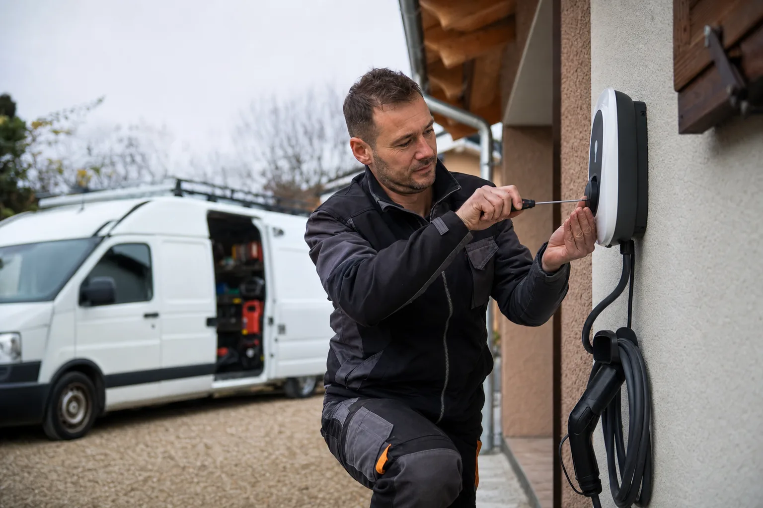 Électricien SA Électricité installant une borne de recharge sur une maison en Nord-Isère